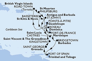 Guadeloupe, Svatá Lucie, Barbados, Trinidad a Tobago, Grenada, Svatý Vincenc a Grenadiny, Martinik, Britské Panenské ostrovy, Svatý Martin, Dominika, Svatý Kryštof a Nevis, Antigua a Barbuda z Fort de France, Martinik na lodi MSC Preziosa