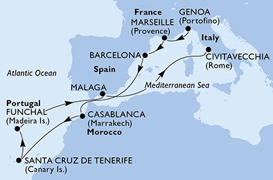 Španělsko, Maroko, Portugalsko, Itálie, Francie z Janova na lodi MSC Fantasia