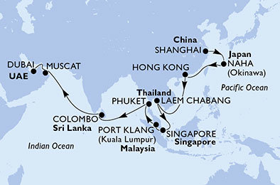 Čína, Japonsko, Thajsko, Singapur, Malajsie, Srí Lanka, Omán, Spojené arabské emiráty ze Šanghaje na lodi MSC Splendida
