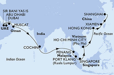 Spojené arabské emiráty, Omán, Indie, Malajsie, Vietnam, Čína z Dubaje na lodi MSC Splendida