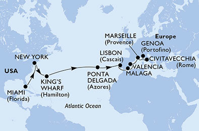 USA, Velká Británie, Portugalsko, Španělsko, Francie, Itálie z Miami na lodi MSC Divina