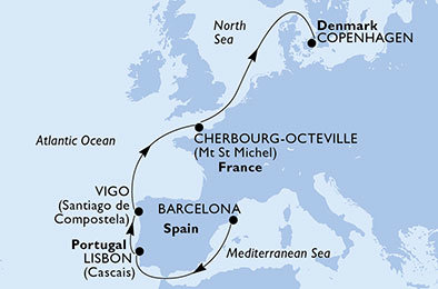 Španělsko, Portugalsko, Francie, Dánsko z Barcelony na lodi MSC Orchestra