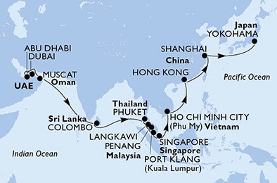 Spojené arabské emiráty, Omán, Srí Lanka, Thajsko, Malajsie, Singapur, Vietnam, Čína, Japonsko z Dubaje na lodi MSC Splendida