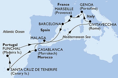 Francie, Španělsko, Maroko, Portugalsko, Itálie z Funchalu na lodi MSC Orchestra
