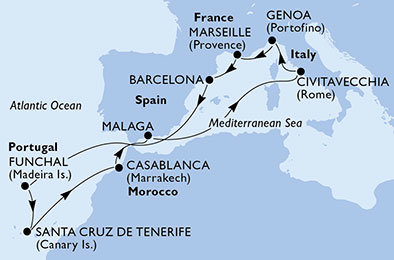 Španělsko, Maroko, Portugalsko, Itálie, Francie z Civitavecchia na lodi MSC Orchestra