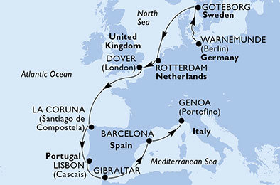 Německo, Švédsko, Nizozemsko, Velká Británie, Španělsko, Portugalsko, Itálie z Warnemünde na lodi MSC Orchestra