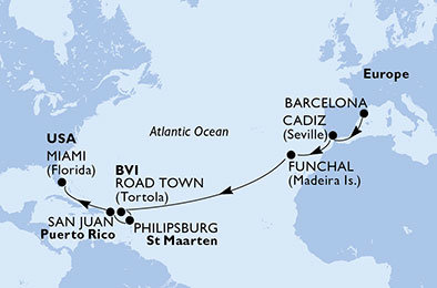 Španělsko, Portugalsko, Velká Británie, Nizozemsko, USA z Barcelony na lodi MSC Seaside