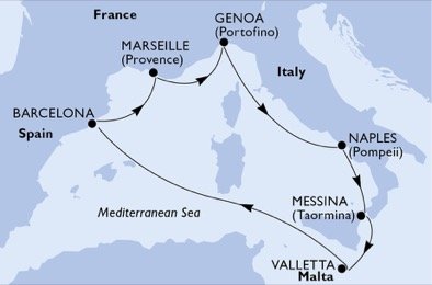 Itálie, Malta, Španělsko, Francie z Messiny na lodi MSC Bellissima