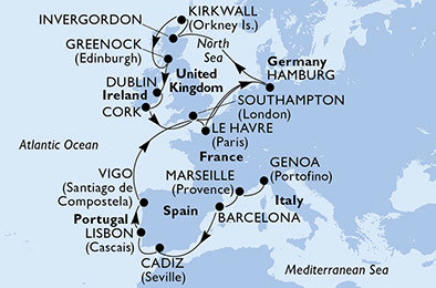 Itálie, Francie, Španělsko, Portugalsko, Velká Británie, Německo, Irsko z Janova na lodi MSC Meraviglia