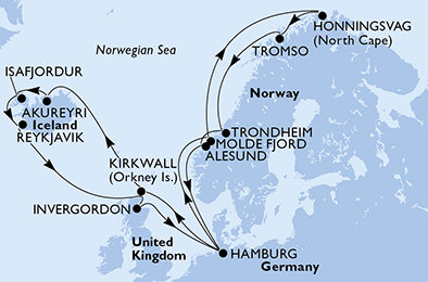 Německo, Velká Británie, Island, Norsko z Hamburku na lodi MSC Meraviglia
