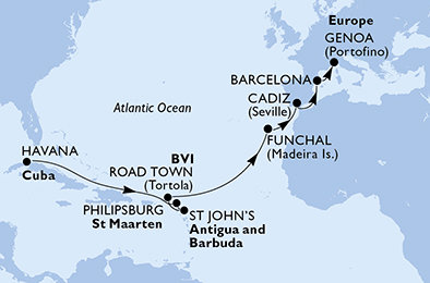 Kuba, Velká Británie, Nizozemsko, Antigua a Barbuda, Portugalsko, Španělsko, Itálie z Havany na lodi MSC Opera