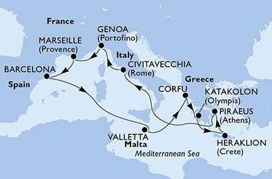 Itálie, Španělsko, Francie, Malta, Řecko z Janova na lodi MSC Sinfonia