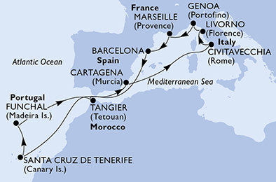 Itálie, Francie, Španělsko, Portugalsko, Maroko z Civitavecchia na lodi MSC Sinfonia