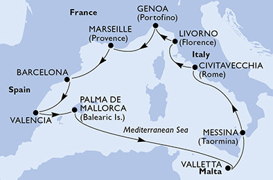Španělsko, Malta, Itálie, Francie z Civitavecchia na lodi MSC Sinfonia