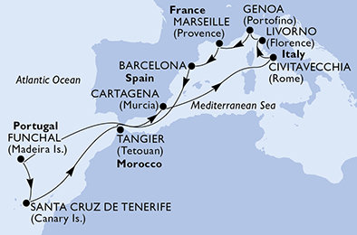 Itálie, Francie, Španělsko, Portugalsko, Maroko z Civitavecchia na lodi MSC Sinfonia