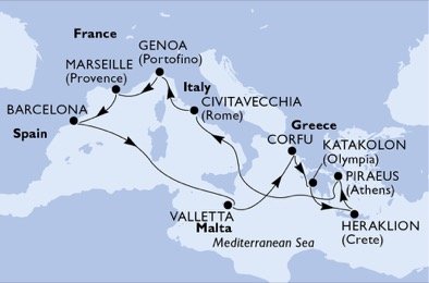Itálie, Španělsko, Francie, Malta, Řecko z Civitavecchia na lodi MSC Sinfonia