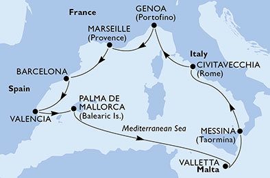 Itálie, Francie, Španělsko, Malta z Civitavecchia na lodi MSC Sinfonia
