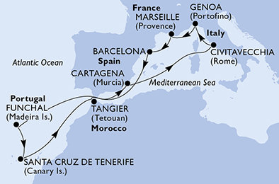 Francie, Španělsko, Portugalsko, Maroko, Itálie z Civitavecchia na lodi MSC Sinfonia