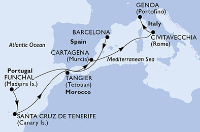 Španělsko, Portugalsko, Maroko, Itálie z Barcelony na lodi MSC Sinfonia