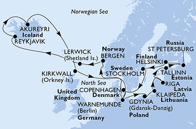 Německo, Norsko, Velká Británie, Island, Dánsko, Polsko, Litva, Lotyšsko, Estonsko, Rusko, Finsko, Švédsko z Warnemünde na lodi MSC Orchestra