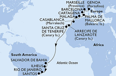 Itálie, Francie, Španělsko, Maroko, Brazílie z Janova na lodi MSC Fantasia