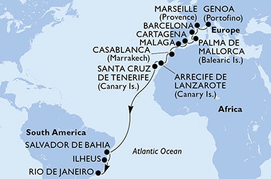 Itálie, Francie, Španělsko, Maroko, Brazílie z Janova na lodi MSC Fantasia