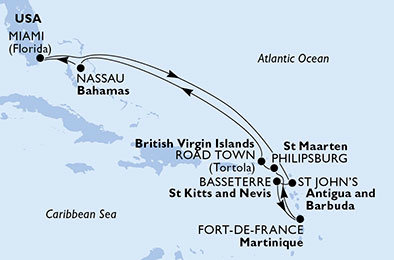 USA, Antigua a Barbuda, Svatý Kryštof a Nevis, Francie, Nizozemsko, Velká Británie, Bahamy z Miami na lodi MSC Divina