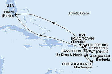 USA, Velká Británie, Antigua a Barbuda, Svatý Kryštof a Nevis, Francie, Nizozemsko z Miami na lodi MSC Divina