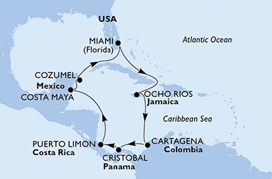 USA, Jamajka, Kolumbie, Panama, Kostarika, Mexiko z Miami na lodi MSC Divina