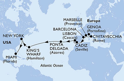 Itálie, Francie, Španělsko, Portugalsko, Velká Británie, USA z Janova na lodi MSC Divina
