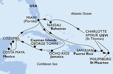 USA, Svatý Martin, Bahamy, Jamajka, Kajmanské ostrovy, Mexiko ze San Juan na lodi MSC Seaside