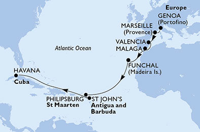 Itálie, Francie, Španělsko, Portugalsko, Svatý Martin, Antigua a Barbuda, Kuba z Janova na lodi MSC Opera