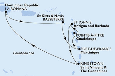 Martinik, Guadeloupe, Antigua a Barbuda, Dominikánská republika, Svatý Kryštof a Nevis z Fort de France, Martinik na lodi MSC Fantasia
