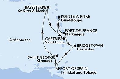 Francie, Svatý Kryštof a Nevis, Barbados, Trinidad a Tobago, Grenada, Svatá Lucie z Fort de France, Martinik na lodi MSC Fantasia