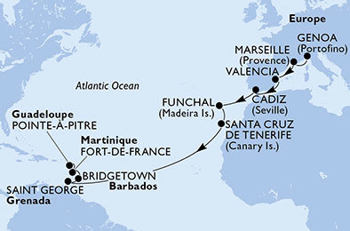 Itálie, Francie, Španělsko, Portugalsko, Grenada, Barbados z Janova na lodi MSC Fantasia