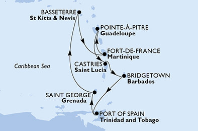 Francie, Svatý Kryštof a Nevis, Barbados, Trinidad a Tobago, Grenada, Svatá Lucie z Pointe-à-Pitre, Guadeloupe na lodi MSC Fantasia
