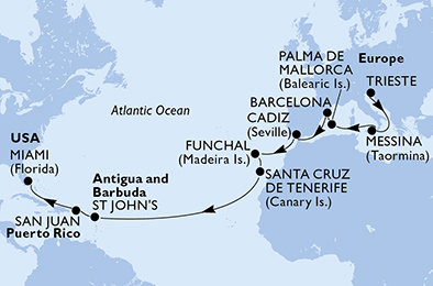 Itálie, Španělsko, Portugalsko, Antigua a Barbuda, USA na lodi MSC Seaside