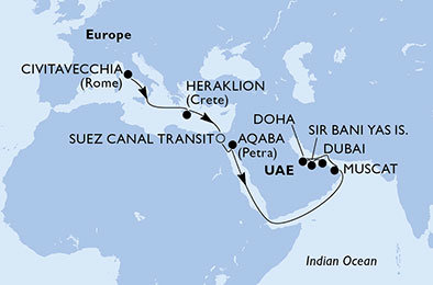 Itálie, Řecko, Egypt, Jordánsko, Omán, Katar, Spojené arabské emiráty z Civitavecchia na lodi MSC Splendida