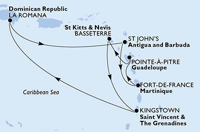 Francie, Antigua a Barbuda, Svatý Vincenc a Grenadiny, Dominikánská republika, Svatý Kryštof a Nevis z Fort de France, Martinik na lodi MSC Fantasia