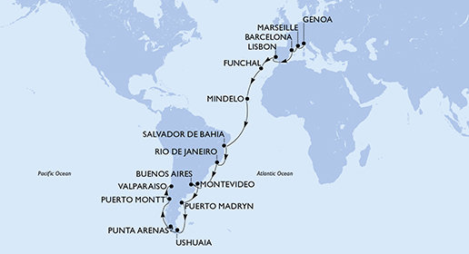 Itálie, Francie, Španělsko, Portugalsko, Kapverdy, Brazílie, Argentina, Uruguay, Chile z Janova na lodi MSC Magnifica