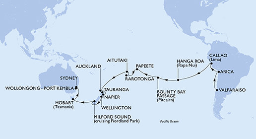 Chile, Peru, Zámořské území Spojeného království, Francouzská Polynésie, Cookovy ostrovy, Nový Zéland, Austrálie na lodi MSC Magnifica