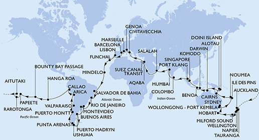 Itálie, Francie, Španělsko, Portugalsko, Kapverdy, Brazílie, Argentina, Uruguay, Chile, Peru, Zámořské území Spojeného království, Francouzská Polynésie, Cookovy ostrovy, Nový Zéland, Austrálie, Nová Kaledonie, Papua Nová Guinea, Indonésie, Singapur, Malajsie, Srí Lanka, Indie, Omán, Jordánsko, Egypt z Civitavecchia na lodi MSC Magnifica