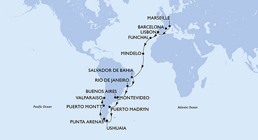 Francie, Španělsko, Portugalsko, Kapverdy, Brazílie, Argentina, Uruguay, Chile z Marseille na lodi MSC Magnifica