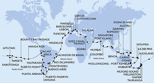 Itálie, Francie, Španělsko, Portugalsko, Kapverdy, Brazílie, Argentina, Uruguay, Chile, Peru, Zámořské území Spojeného království, Francouzská Polynésie, Cookovy ostrovy, Nový Zéland, Austrálie, Nová Kaledonie, Papua Nová Guinea, Indonésie, Singapur, Malajsie, Srí Lanka, Indie, Omán, Jordánsko, Egypt z Barcelony na lodi MSC Magnifica