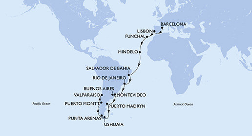 Španělsko, Portugalsko, Kapverdy, Brazílie, Argentina, Uruguay, Chile z Barcelony na lodi MSC Magnifica