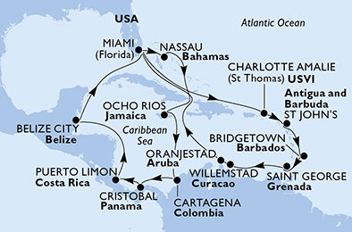 USA, Bahamy, Jamajka, Kolumbie, Panama, Kostarika, Belize, Antigua a Barbuda, Barbados, Grenada, Autonomní státy Nizozemska z Miami na lodi MSC Divina