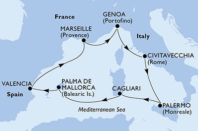 Itálie, Španělsko, Francie z Civitavecchia na lodi MSC Divina