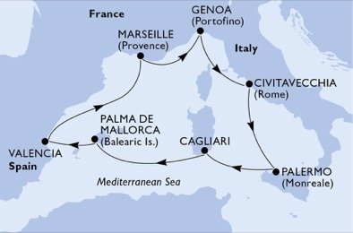 Itálie, Španělsko, Francie z Palerma na lodi MSC Divina