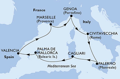 Itálie, Španělsko, Francie z Cagliari na lodi MSC Divina