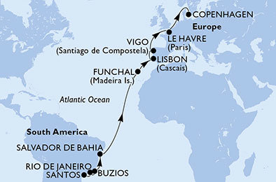 Brazílie, Portugalsko, Španělsko, Francie, Dánsko ze Santosu na lodi MSC Poesia